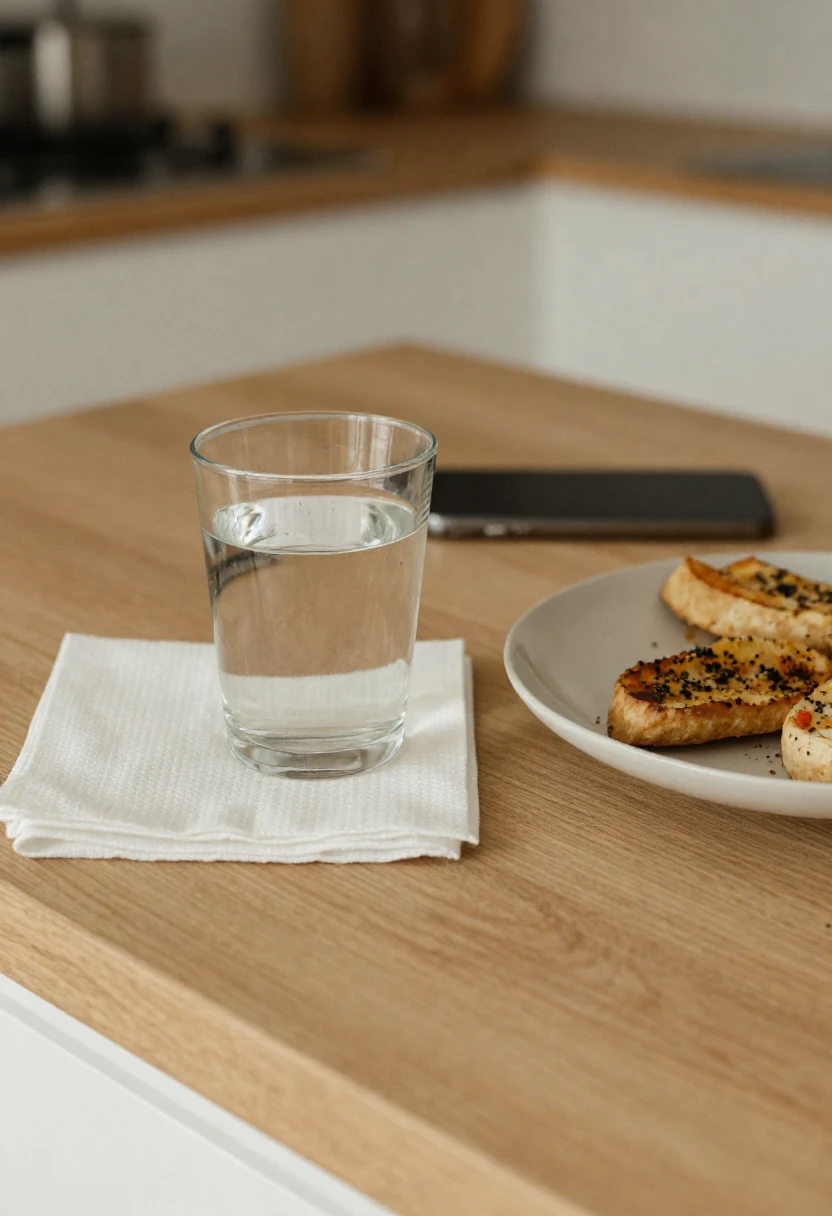 Kitchen table with food, water, and phone nearby as a reminder to take food allergy symptoms seriously.