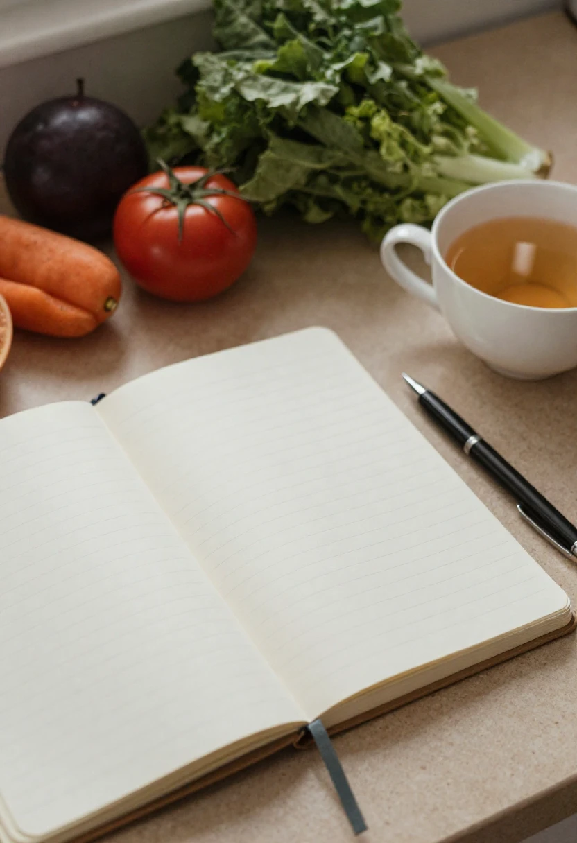 Food diary notebook on a kitchen table for tracking possible allergy symptoms.