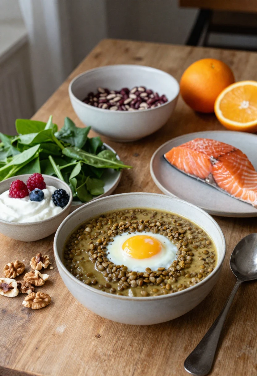 Bowl of lentils topped with a sunny-side-up egg and walnuts, with yogurt and berries, greens, a salmon fillet, and orange halves on a wooden table.
