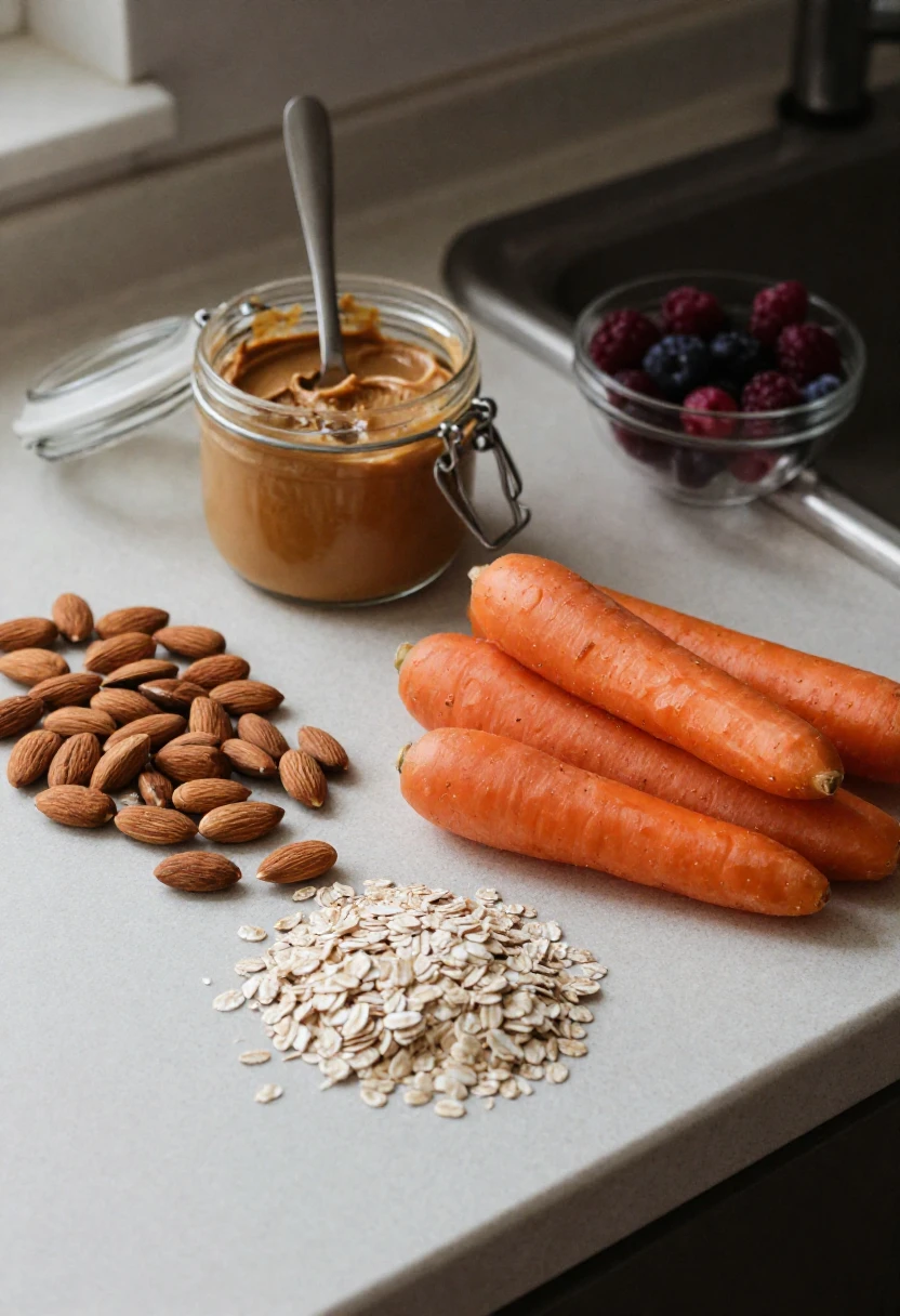 Jar of peanut butter with a spoon on the counter, surrounded by almonds, oats, carrots, and berries nearby.