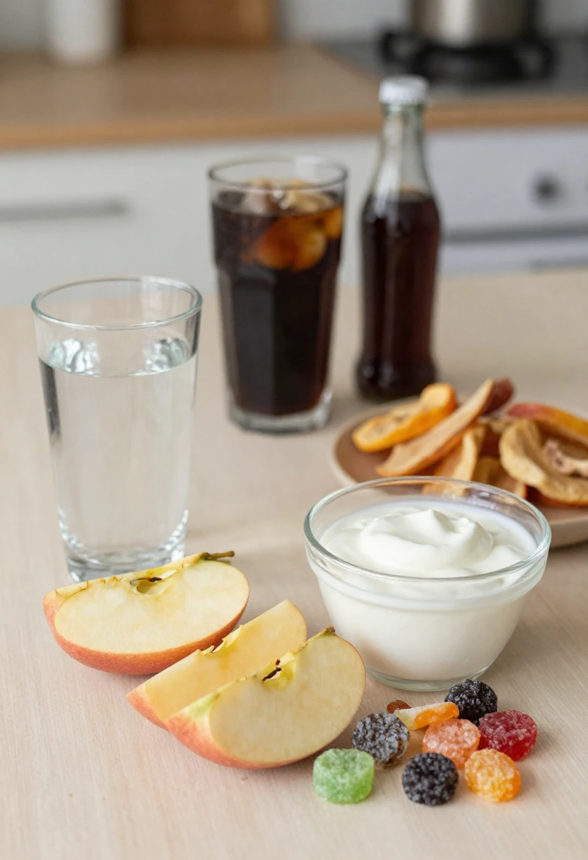 Foods and habits to limit for better oral health, with water and fresh snacks contrasted against candy, soda, dried fruit, and sweet treats.