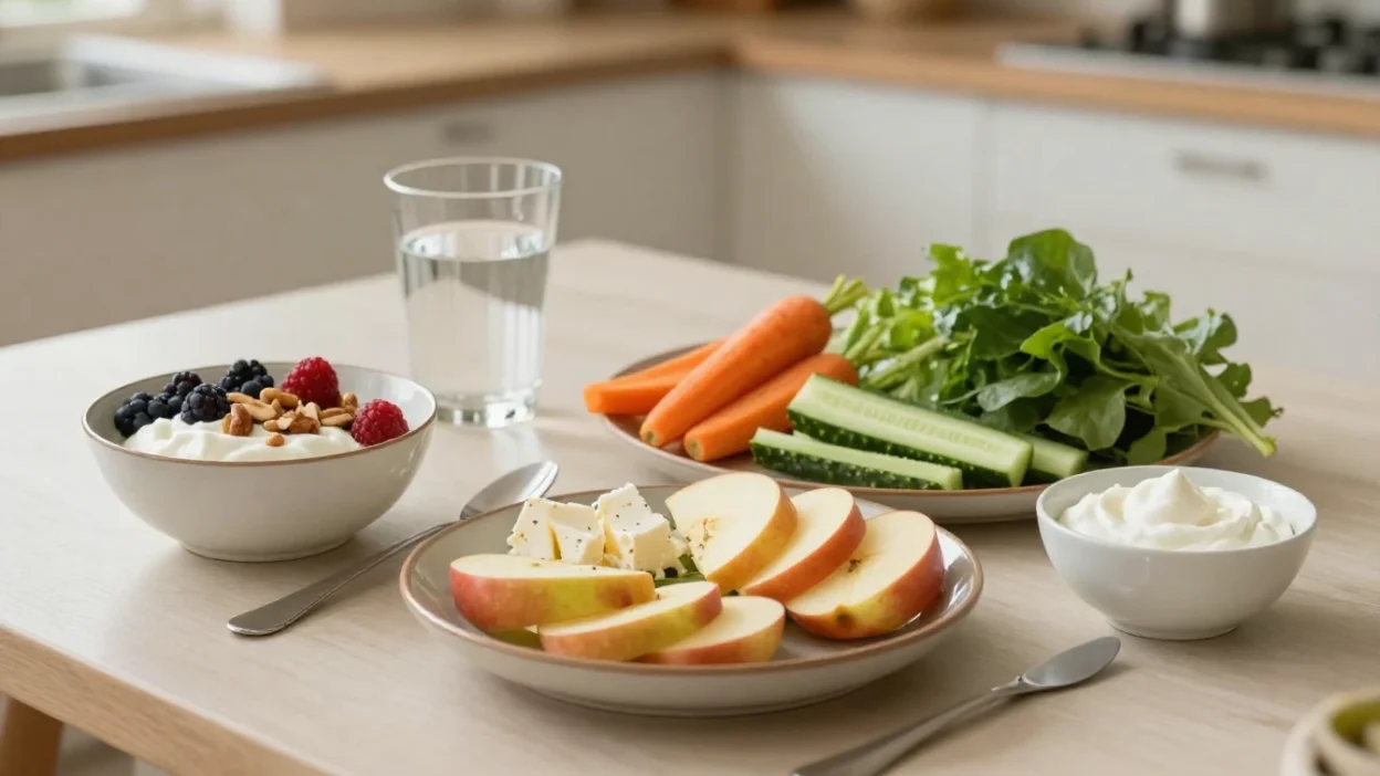 Tooth-friendly foods for healthy teeth and gums, including yogurt, berries, apples, cheese, crunchy vegetables, greens, and water.