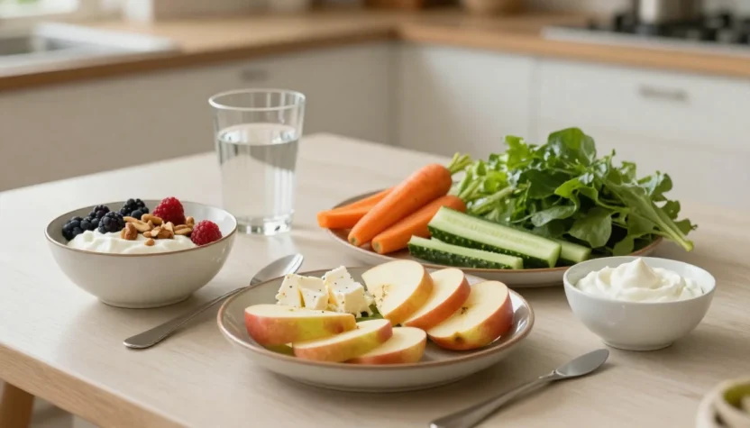 Tooth-friendly foods for healthy teeth and gums, including yogurt, berries, apples, cheese, crunchy vegetables, greens, and water.