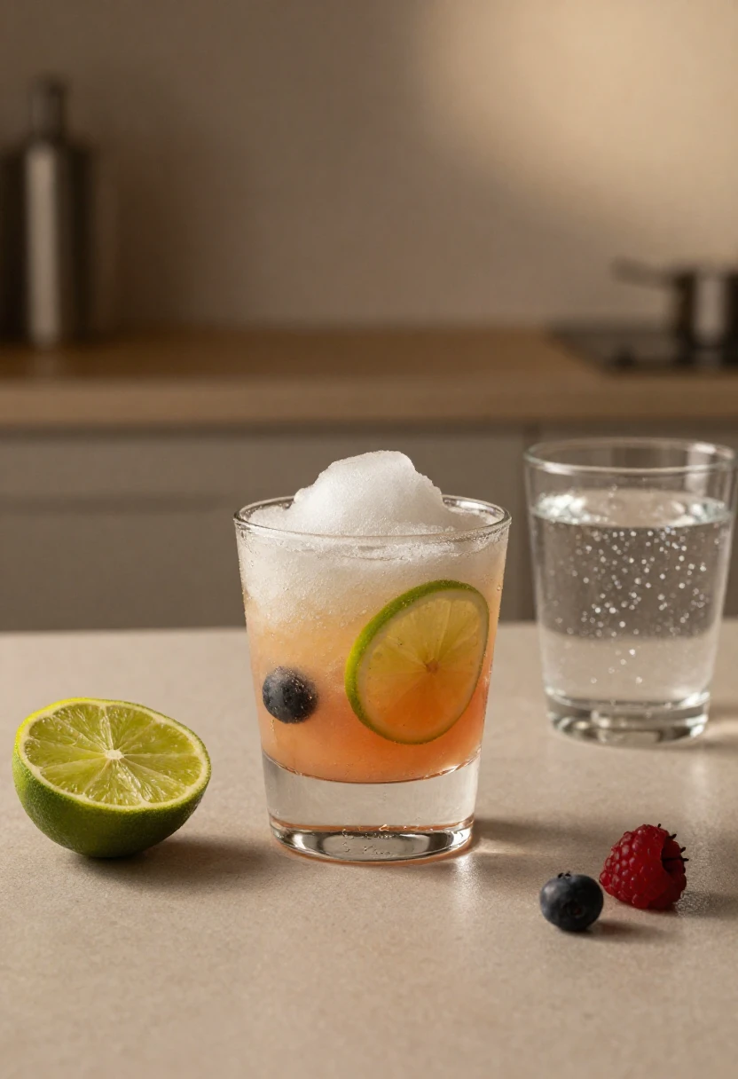 Short cocktail in a glass with lime wheel and blueberries, topped with crushed ice, on a kitchen counter with half lime and berries nearby.