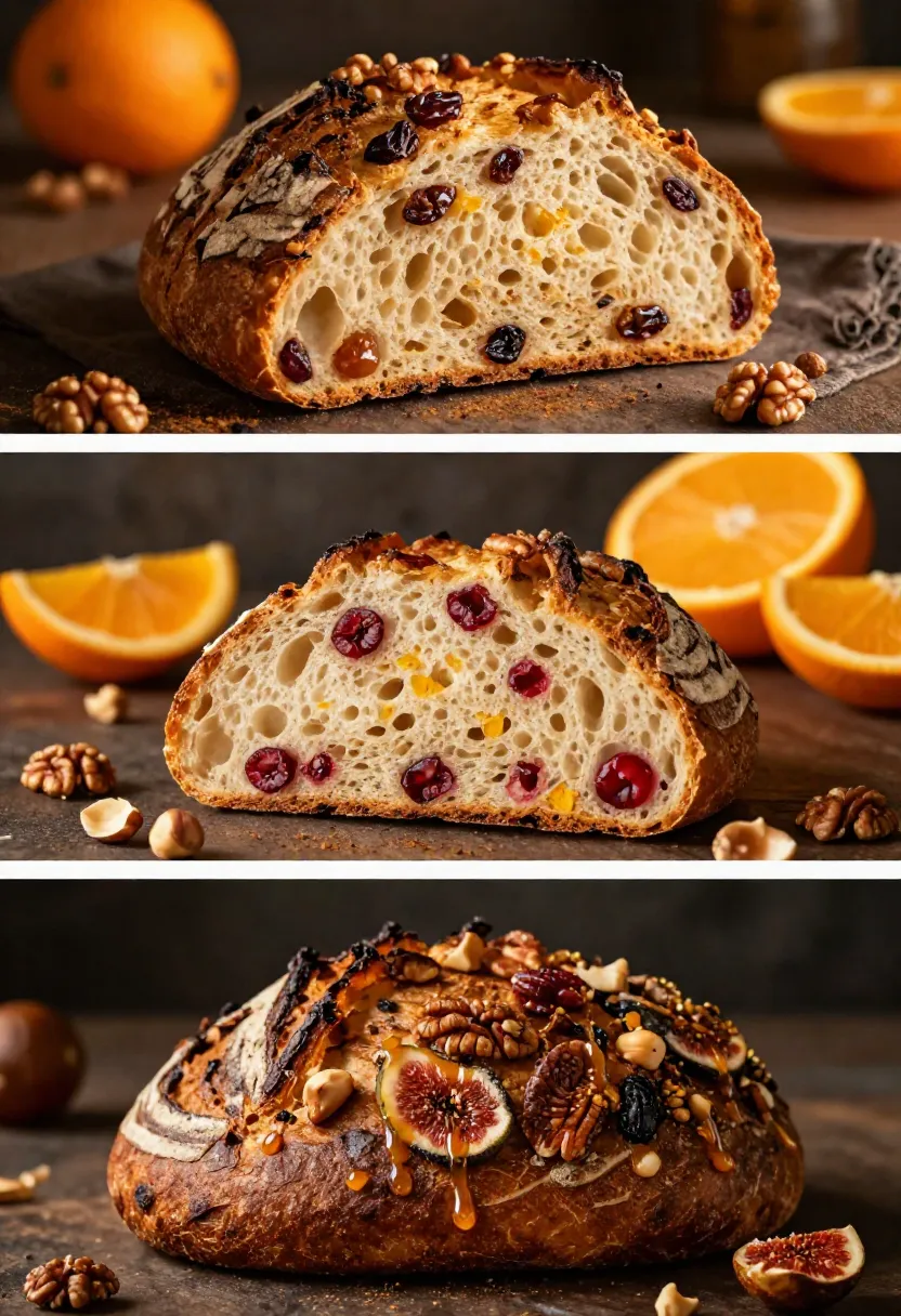 Collage of three festive breads: a fruit-studded loaf, a cross-section showing cherries and orange zest, and a decorative fig-and-nut loaf.