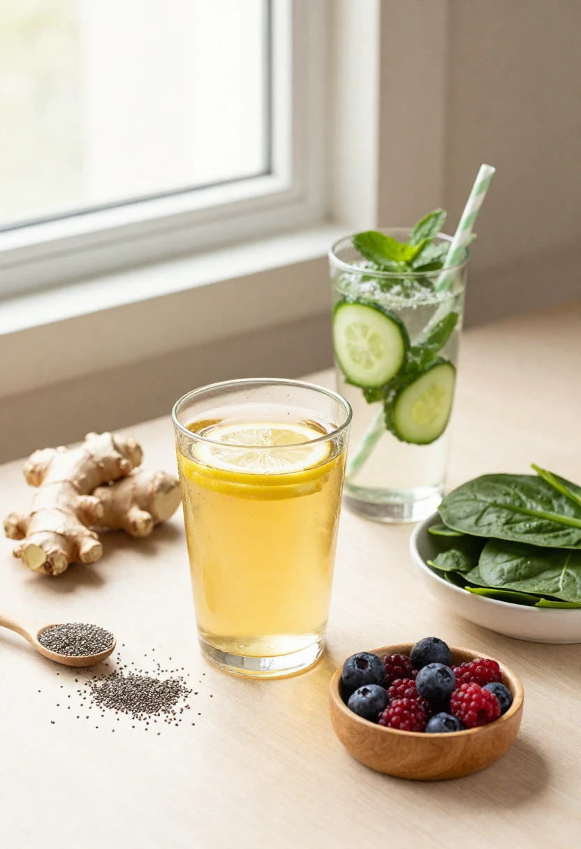Gentle wellness drinks with ginger tea, cucumber water, and a nourishing berry smoothie.