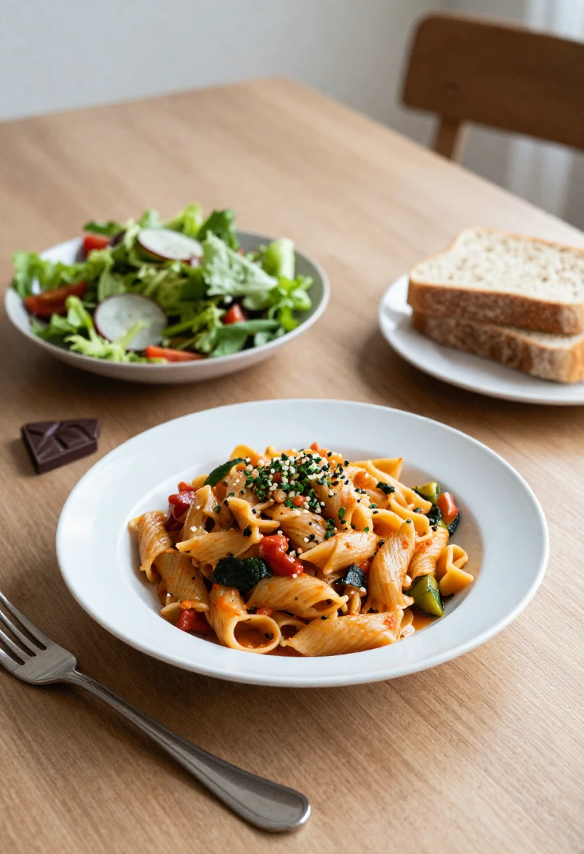 Bowl of pasta with penne and vegetables in tomato sauce, topped with herbs, on a wooden table with salad and sliced bread nearby.