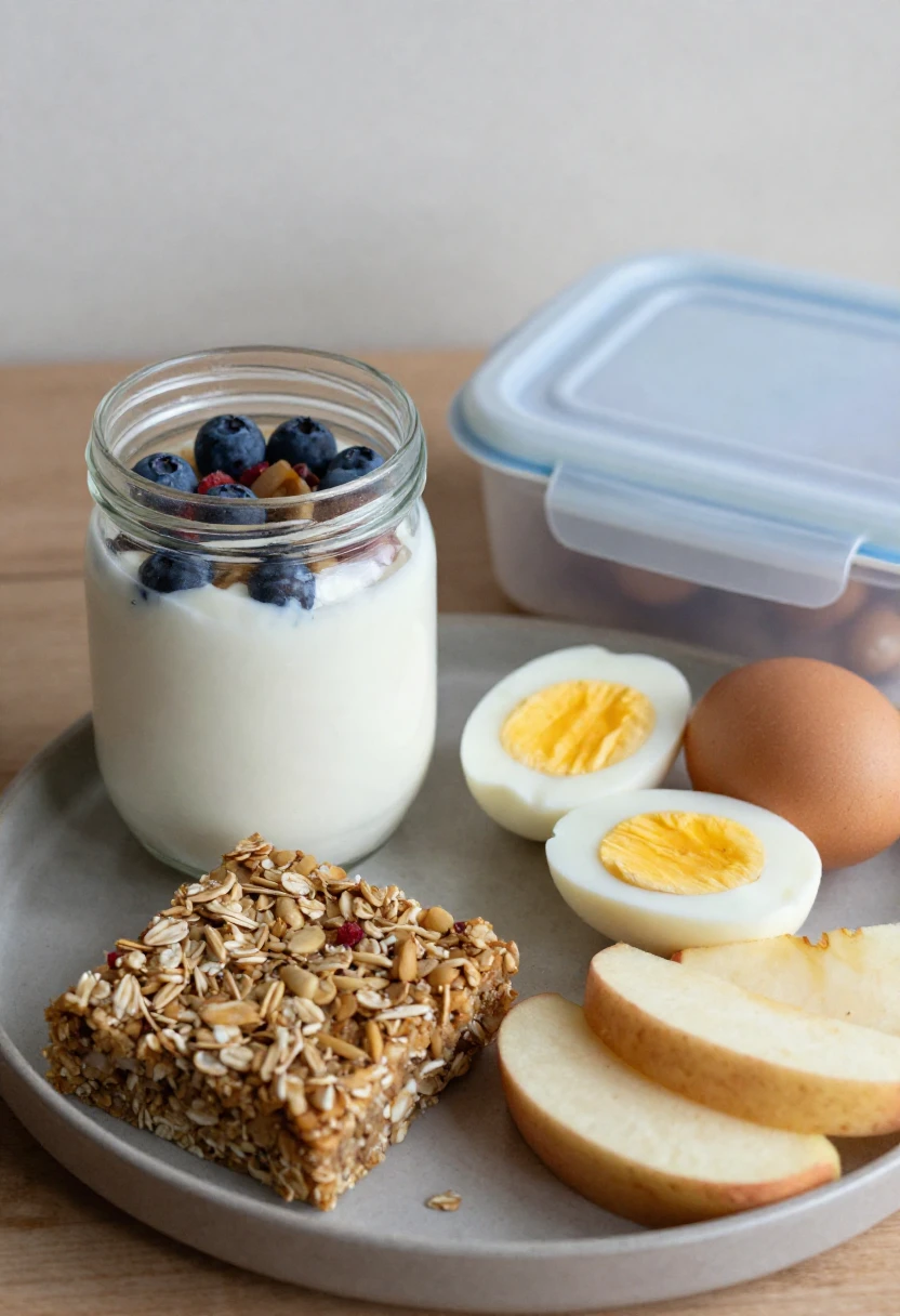 Grab-and-go healthy breakfast with yogurt jar, eggs, fruit, and oat bar.