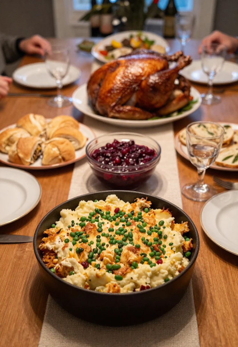 Green bean casserole served on a cozy holiday dinner table