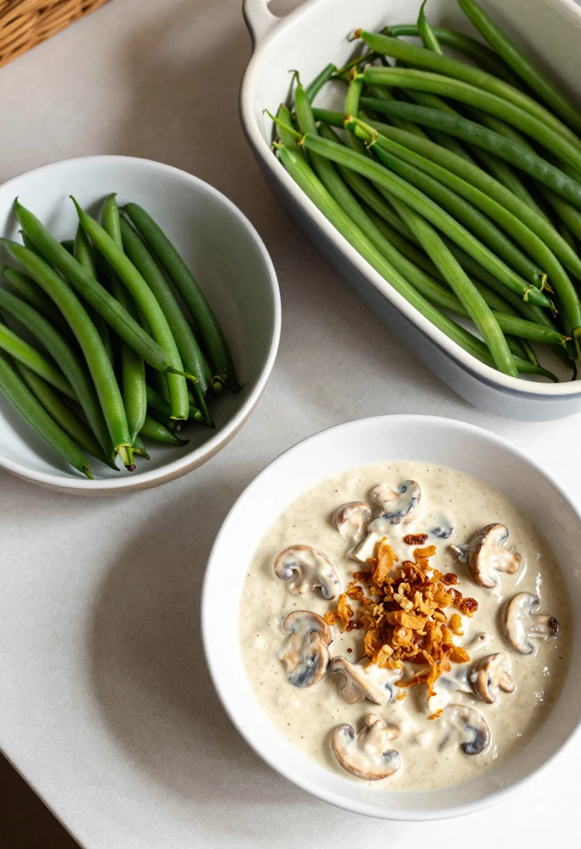 Ingredients prepared for making better green bean casserole