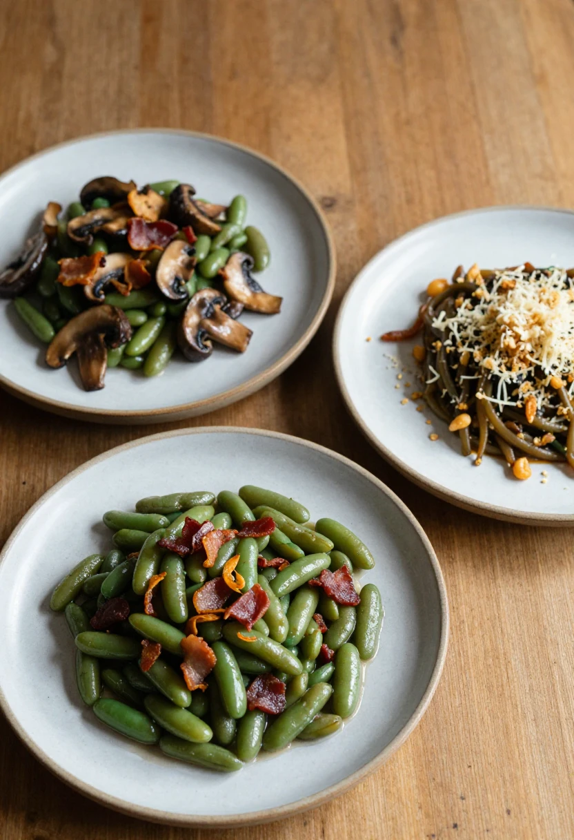 Cozy green bean casserole variations with mushrooms bacon and parmesan topping