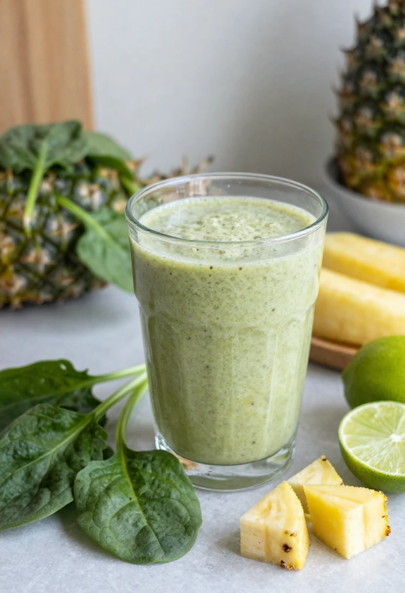 Green spinach smoothie in a glass with pineapple chunks and lime nearby, on a light counter.