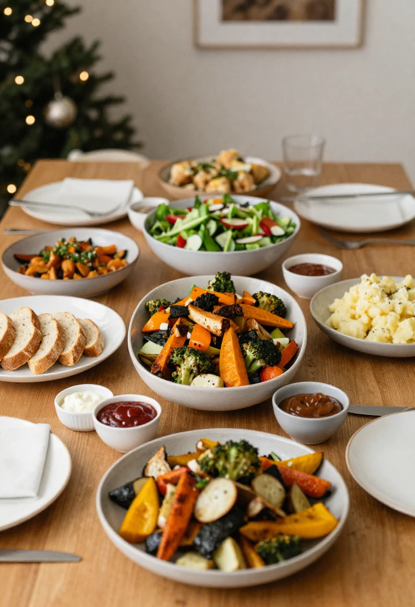 Guest-friendly holiday table with flexible side dishes, salad, bread, and sauces served separately.