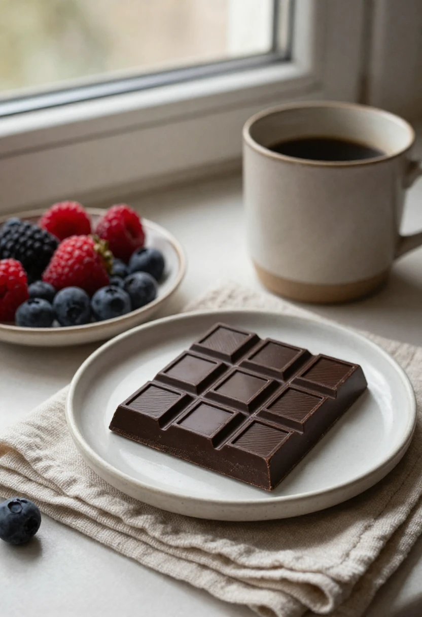 One square of dark chocolate with berries and tea for a guilt-free dessert moment.