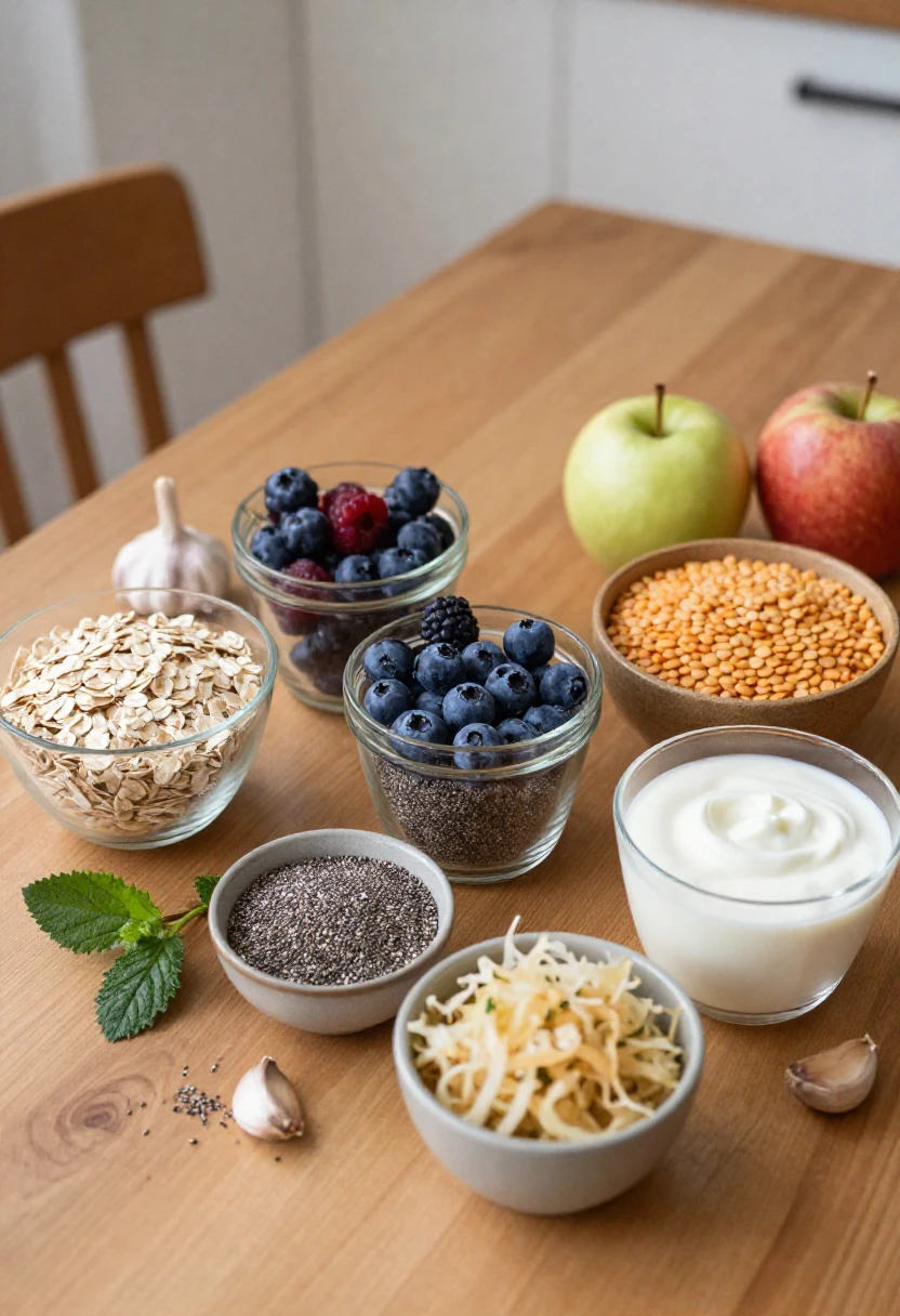 Assorted healthy ingredients on a wooden table: berries, oats, seeds, lentils, yogurt, apples, garlic, mint, and grated cheese in bowls and glasses.
