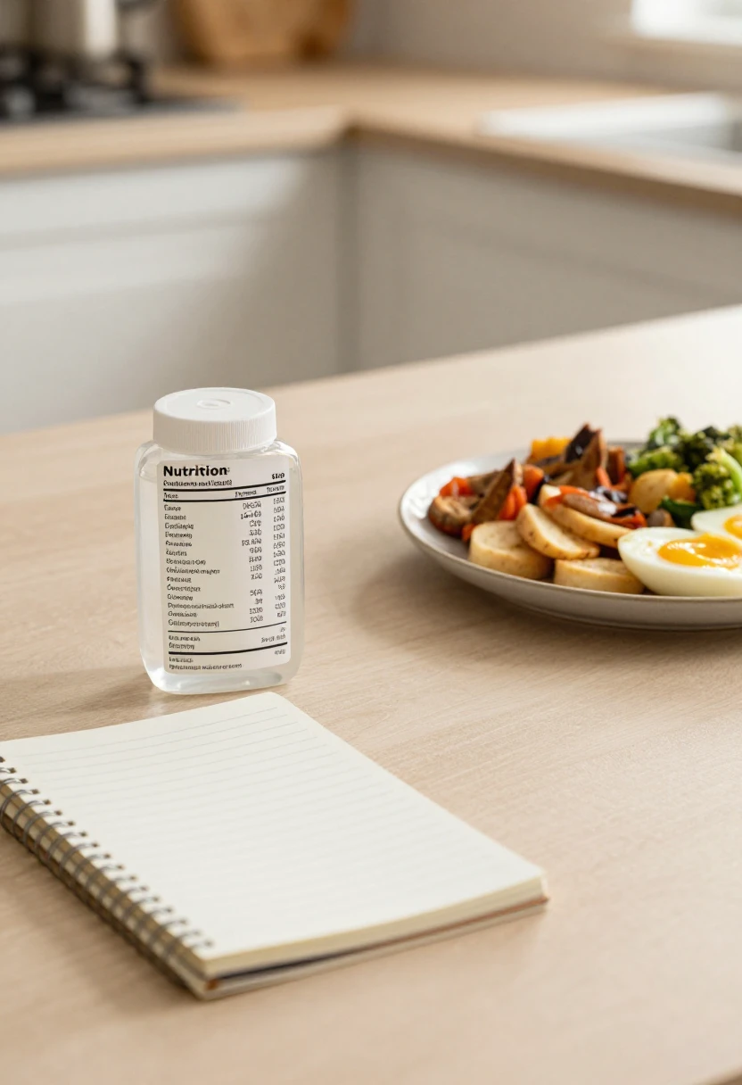 Nutrition label beside a balanced meal showing that health is not simple math.