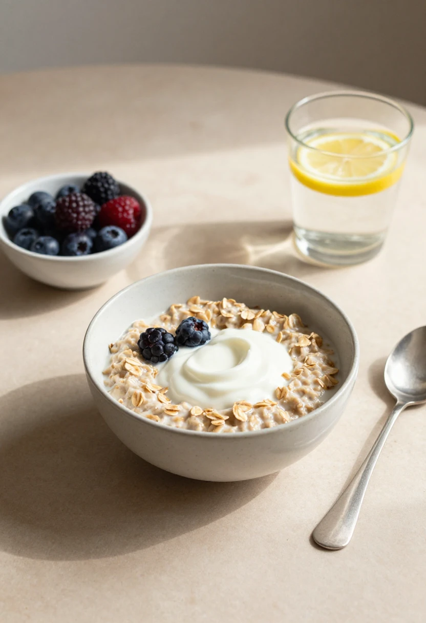 Healthy breakfast foods and lemon water for natural energy