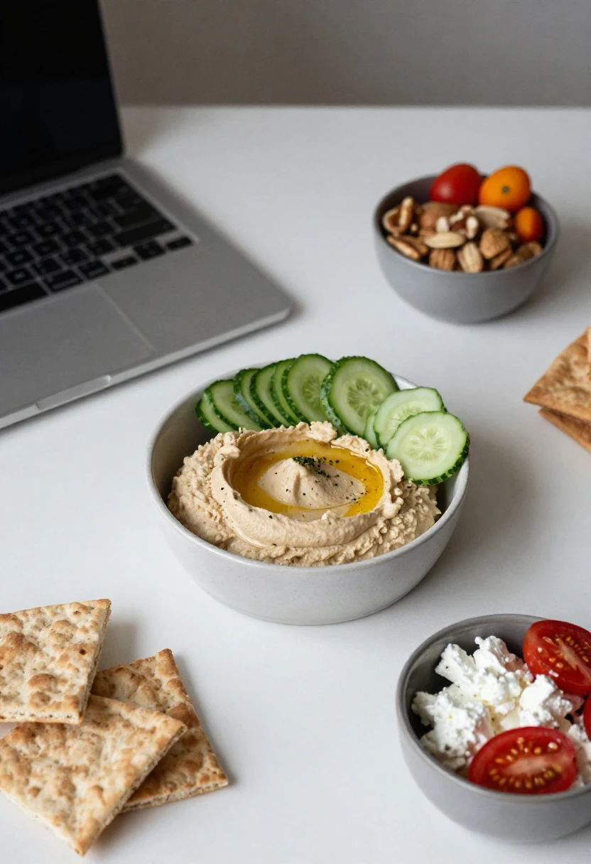 Bowl of hummus with cucumber slices and crackers on a white desk next to a laptop, with a bowl of nuts in the background.