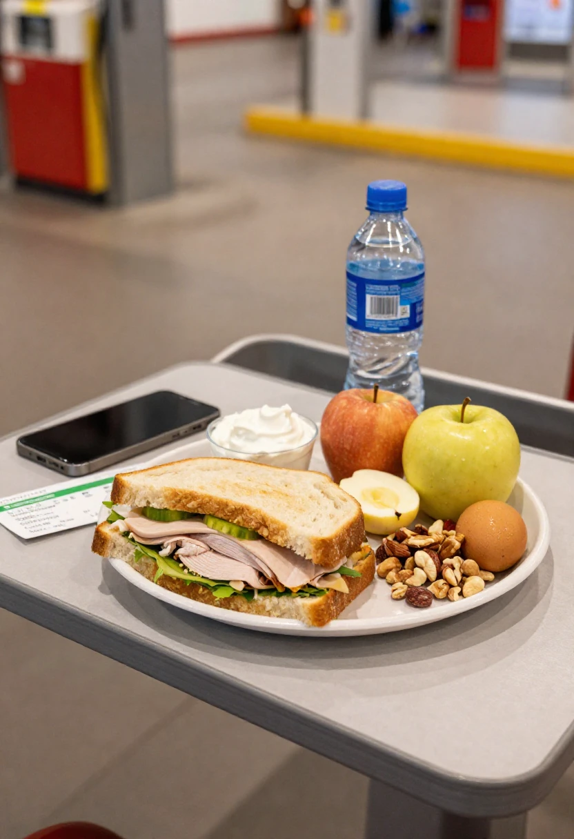 Lunch tray with a turkey sandwich on white bread, two apples, a bottle of water, half an egg, a scoop of yogurt, and a handful of mixed nuts and raisins.