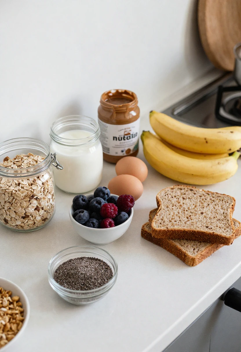 Healthy breakfast staples arranged on a kitchen counter.