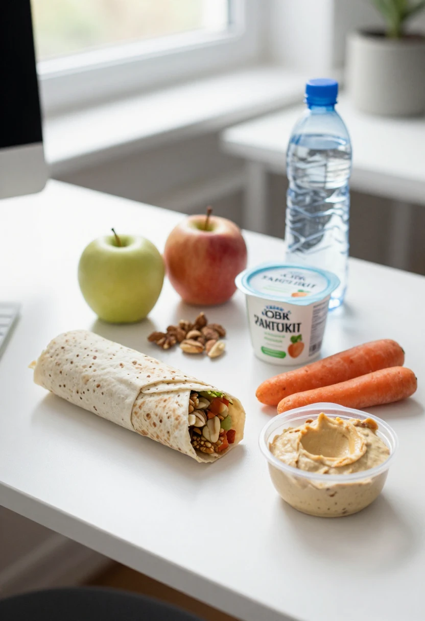 Simple healthy snacks and lunch packed for work or errands with a wrap, fruit, nuts, yogurt, and hummus.