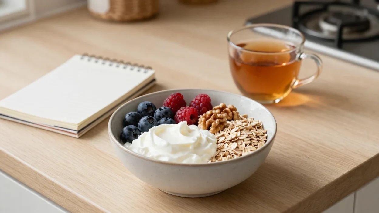 Balanced breakfast bowl with yogurt, berries, oats, and walnuts on a cozy kitchen counter