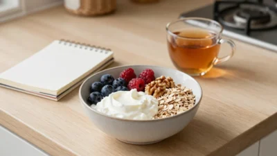 Balanced breakfast bowl with yogurt, berries, oats, and walnuts on a cozy kitchen counter