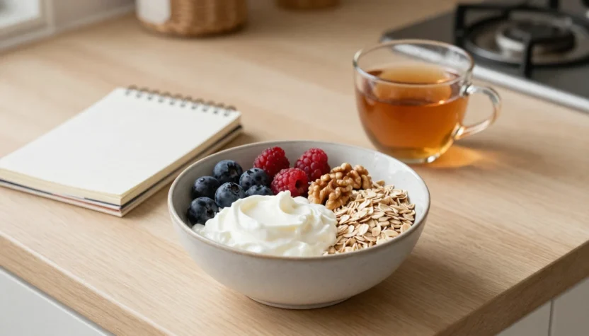 Balanced breakfast bowl with yogurt, berries, oats, and walnuts on a cozy kitchen counter
