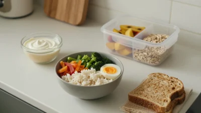 Healthy foods for busy people arranged on a cozy kitchen counter with oats, eggs, fruit, vegetables, yogurt, and simple meal prep ingredients.
