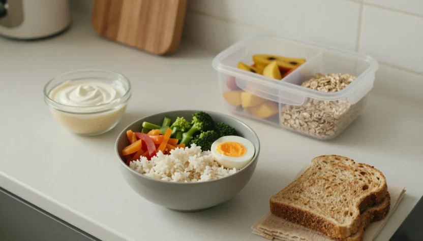 Healthy foods for busy people arranged on a cozy kitchen counter with oats, eggs, fruit, vegetables, yogurt, and simple meal prep ingredients.