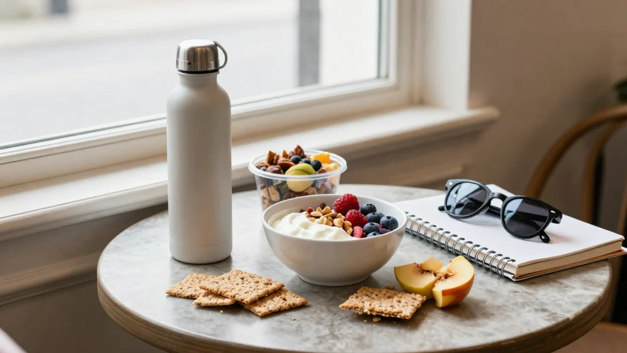 Healthy snack setup on a marble table by a window: yogurt bowl with berries and nuts, crackers, peach slices, a white water bottle, notebook and sunglasses nearby.