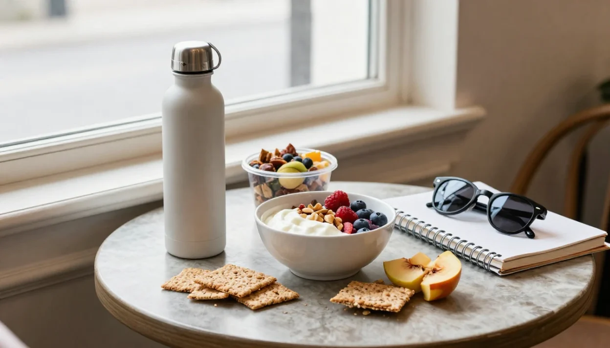Healthy snack setup on a marble table by a window: yogurt bowl with berries and nuts, crackers, peach slices, a white water bottle, notebook and sunglasses nearby.