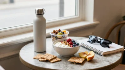 Healthy snack setup on a marble table by a window: yogurt bowl with berries and nuts, crackers, peach slices, a white water bottle, notebook and sunglasses nearby.