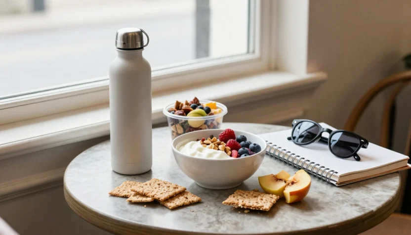 Healthy snack setup on a marble table by a window: yogurt bowl with berries and nuts, crackers, peach slices, a white water bottle, notebook and sunglasses nearby.
