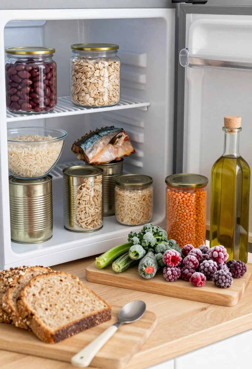 Open refrigerator interior with jars of beans, oats, and pasta on the shelves; olive oil bottle beside; cutting board holds greens, frozen berries, sliced bread, and a spoon nearby.