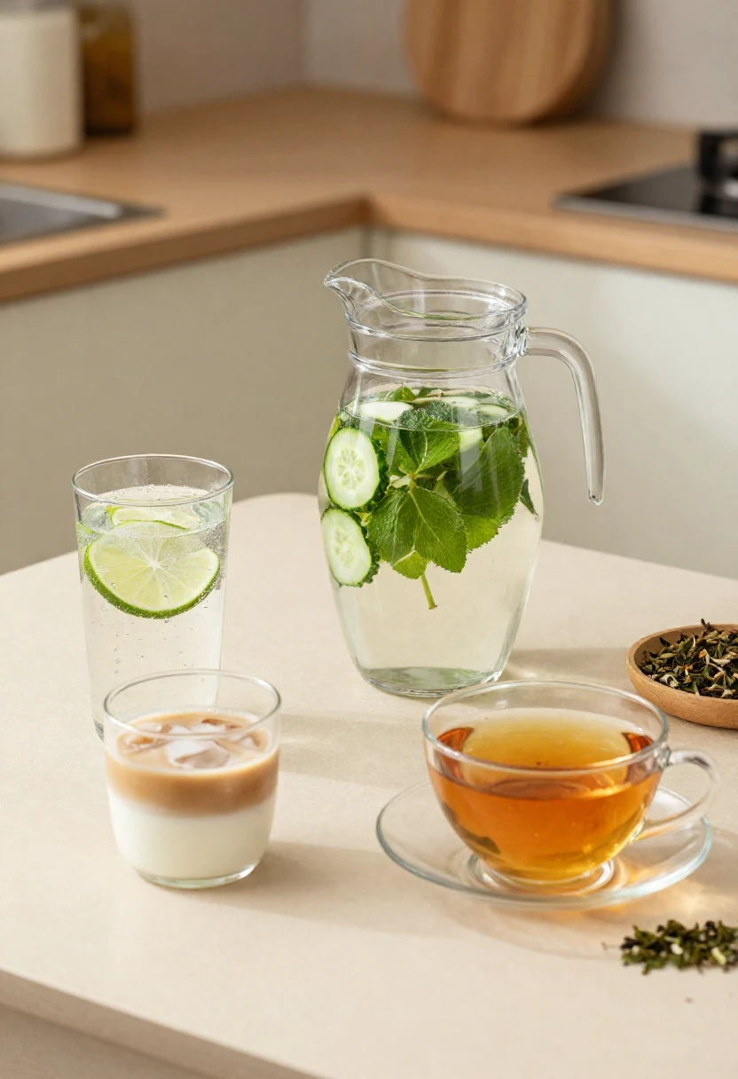 Healthy everyday drink options including cucumber mint water, sparkling water with lime, herbal tea, and iced coffee.