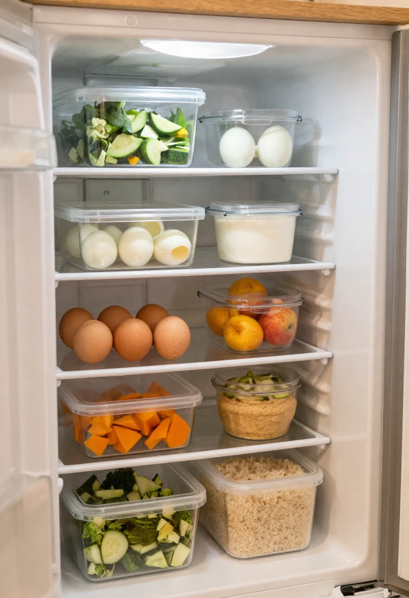 An organized fridge with healthy ready-to-eat foods in clear containers.