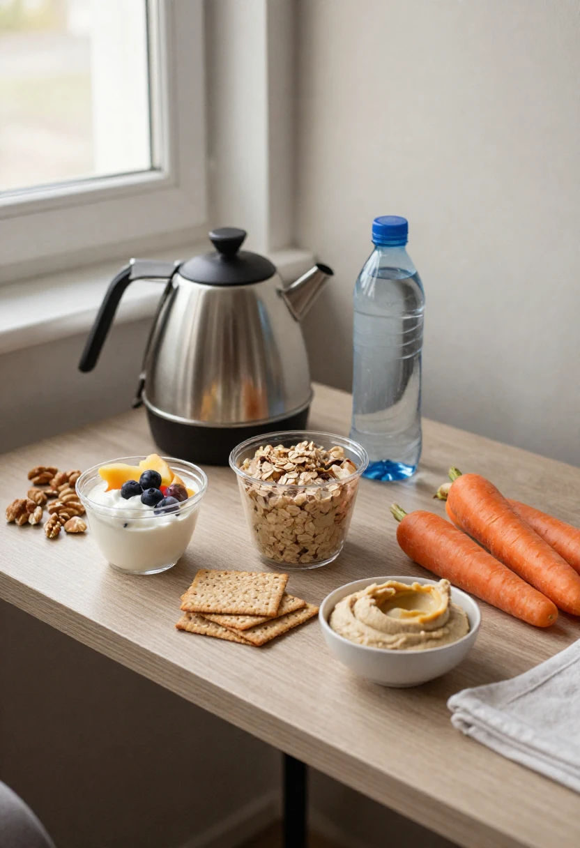 Healthy hotel-room foods including yogurt, fruit, oatmeal, nuts, crackers, hummus, carrots, and water on a small desk.