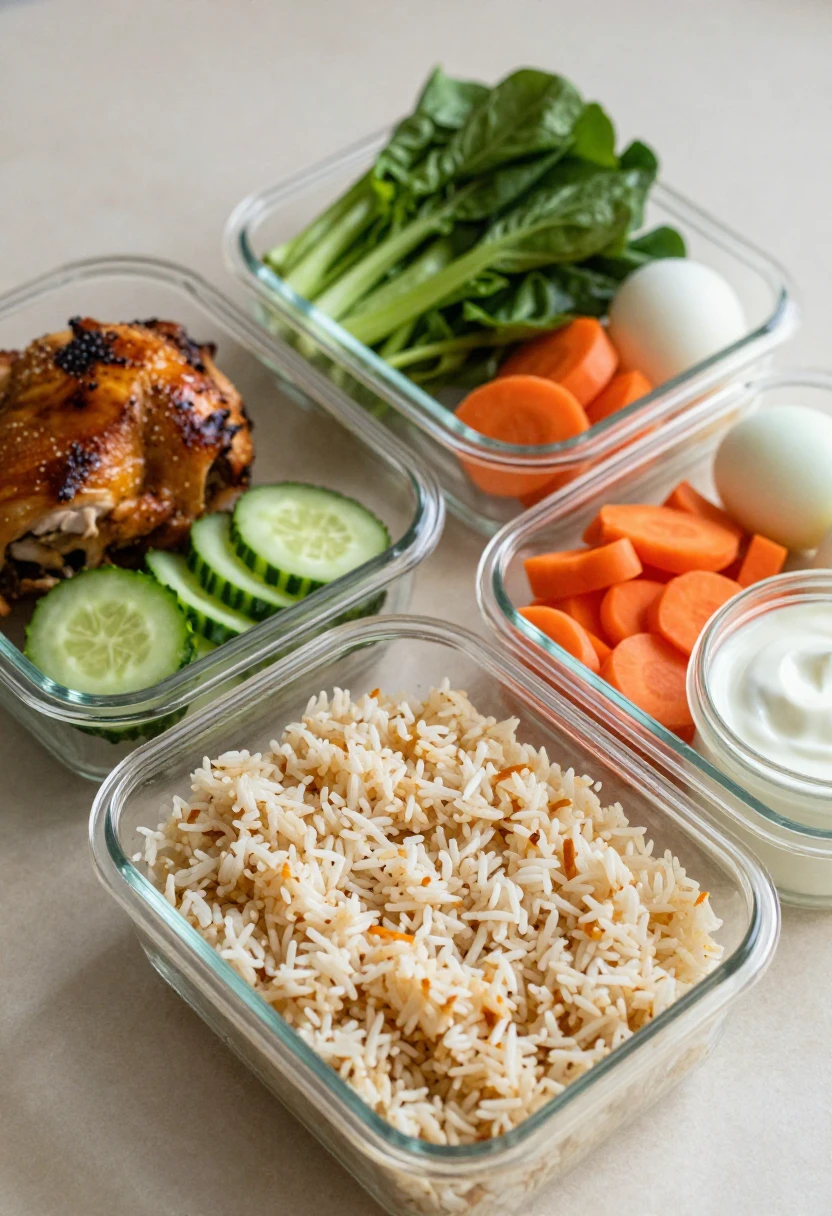 Meal-prep containers with rice, roasted chicken, cucumber slices, greens, carrot rounds, hard-boiled eggs, and a yogurt cup.