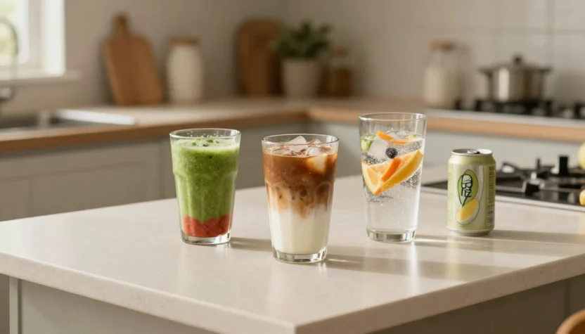 Alt text: Healthy-looking drinks on a kitchen counter, including smoothie, iced coffee, flavored water, and energy drink.