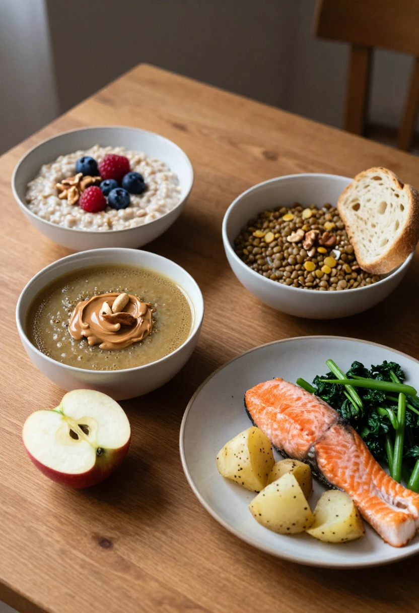 Spread of healthy bowls on a wooden table: oats with berries, lentil dish with bread, a soup topped with peanut butter, plus a salmon plate with potatoes and greens and a halved apple nearby.