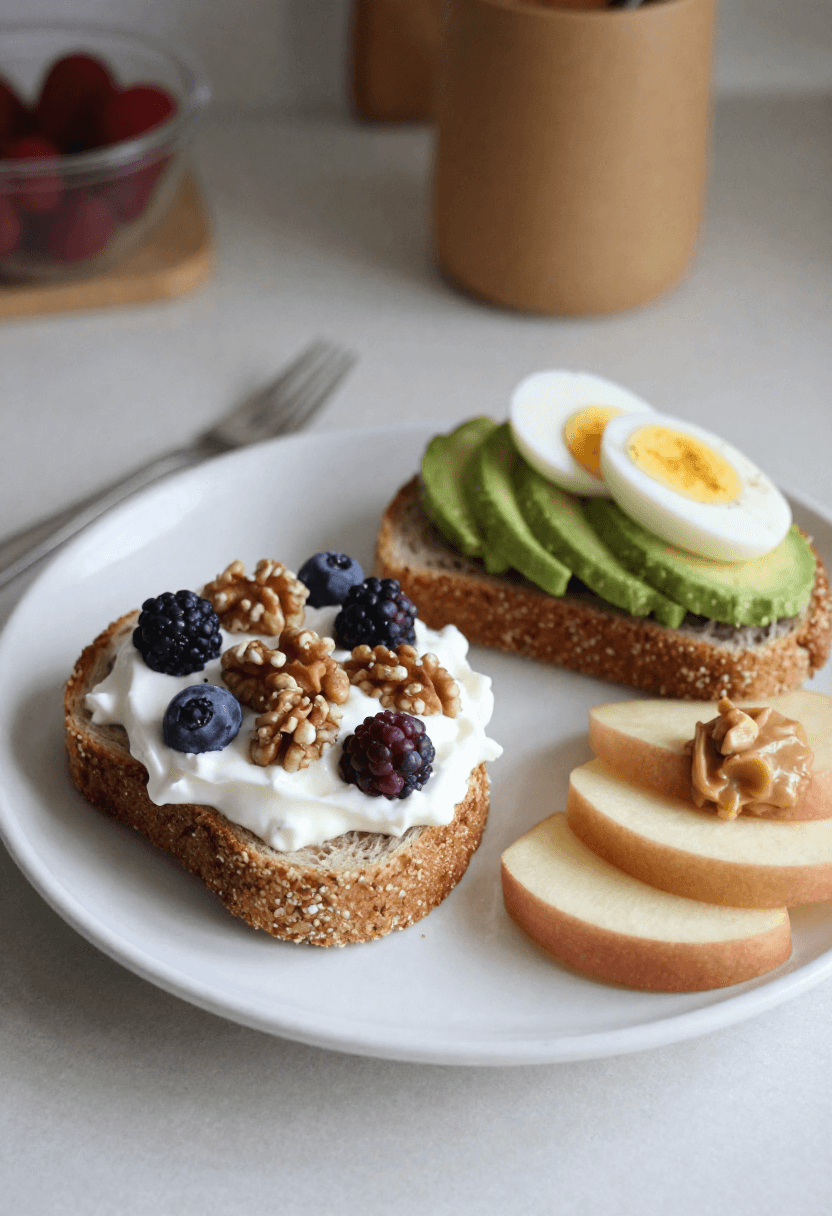 Healthy morning snacks with Greek yogurt, avocado toast, and apple slices with peanut butter.