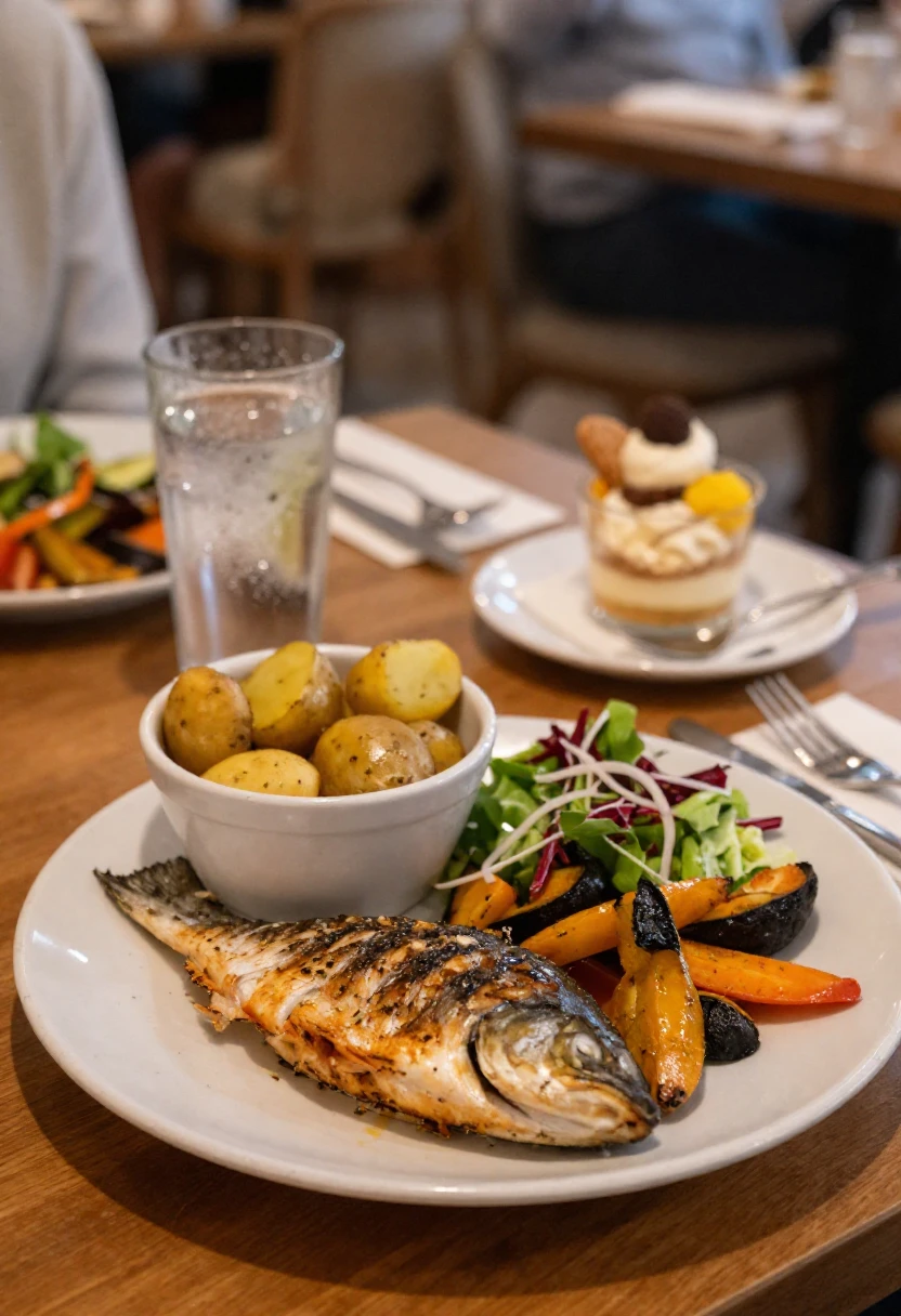 Grilled whole fish with crispy skin on a white plate, alongside roasted potatoes, colorful sautéed vegetables, and a greens salad with onions; a glass of water and a dessert cup visible in the background.
