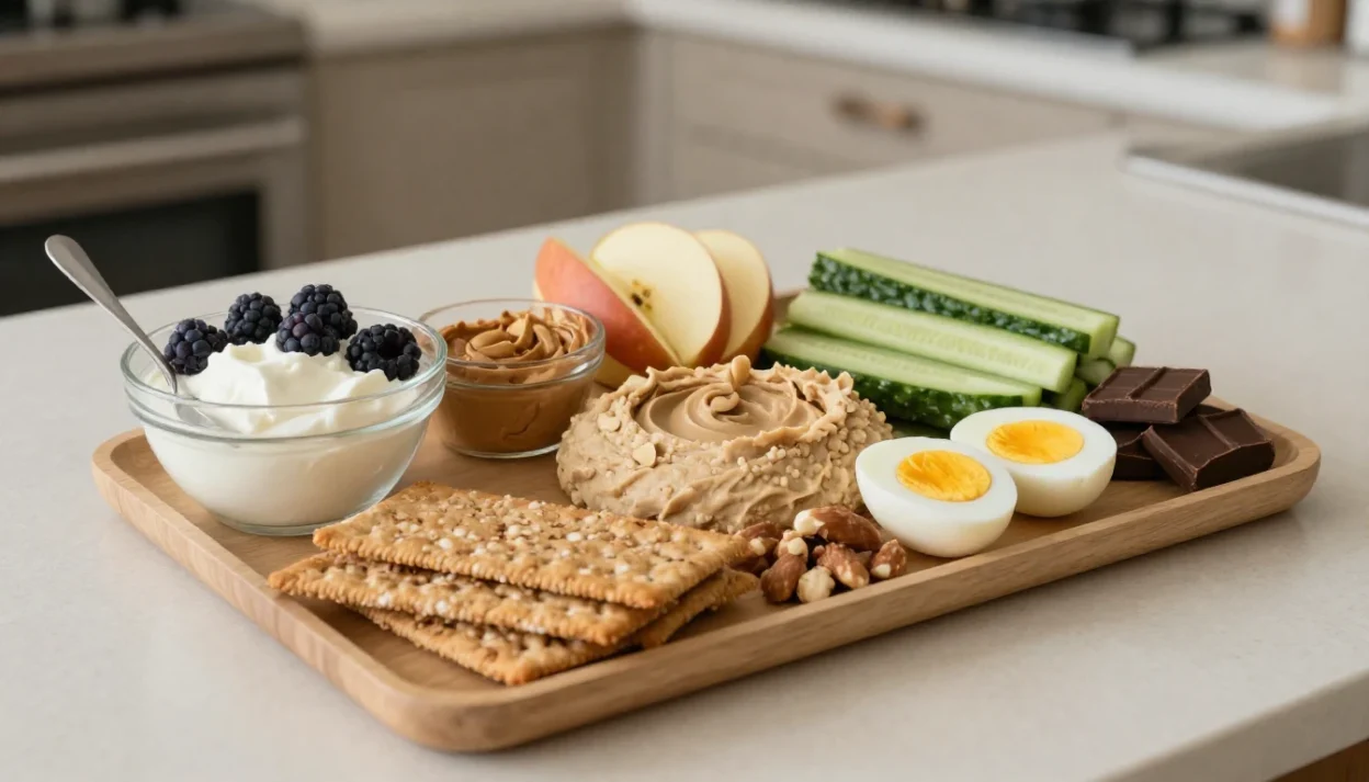 Healthy snack board with yogurt, fruit, hummus, crackers, eggs, nuts, and dark chocolate.