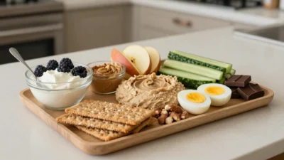 Healthy snack board with yogurt, fruit, hummus, crackers, eggs, nuts, and dark chocolate.