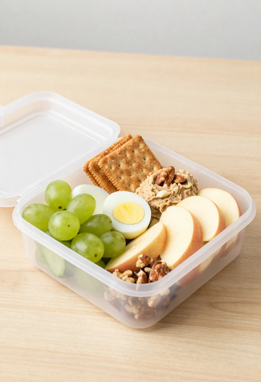 Packable healthy snack box with egg, vegetables, grapes, crackers, hummus, nuts, and apple slices.