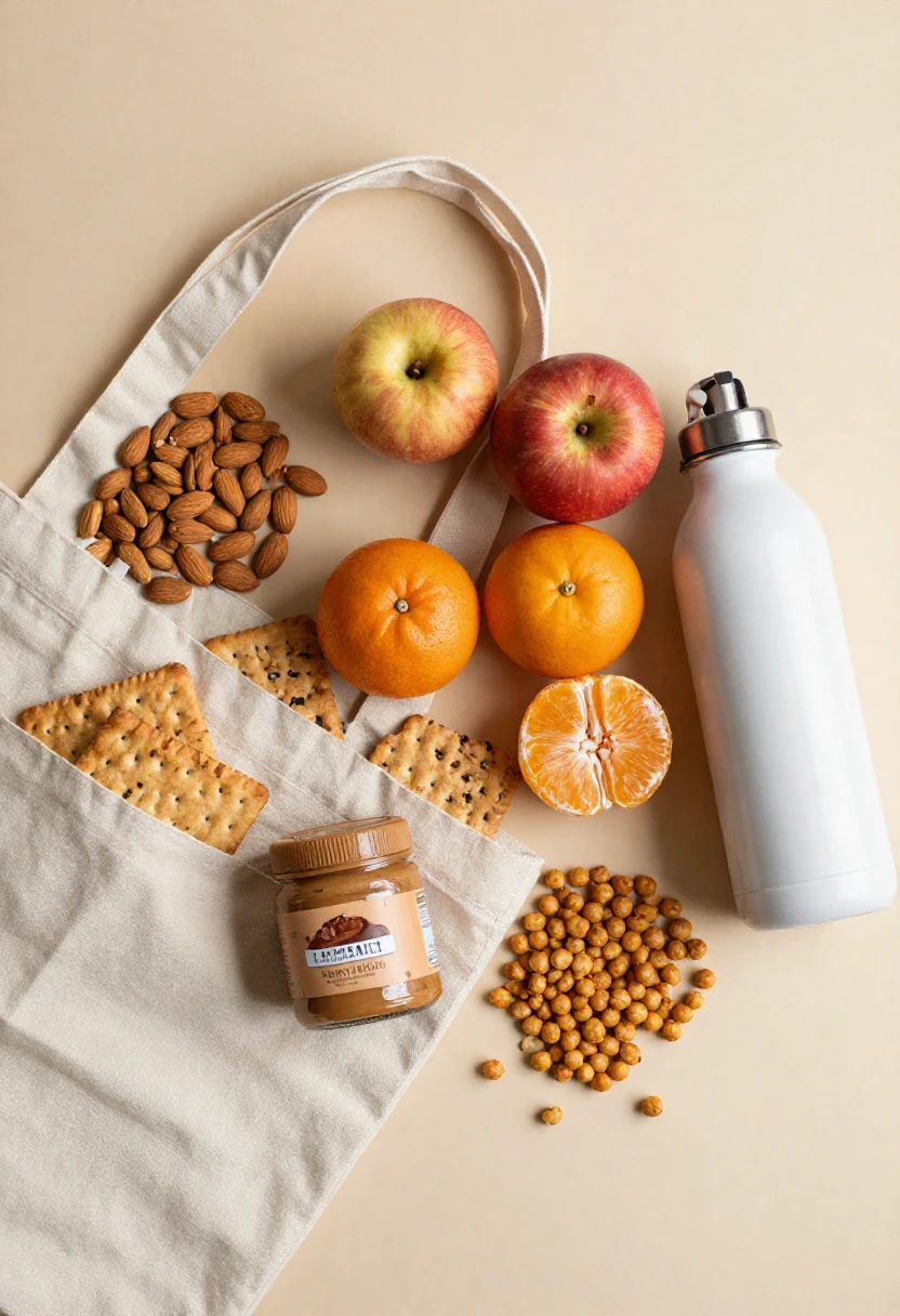 Healthy travel snacks including nuts, fruit, crackers, roasted chickpeas, nut butter packets, and water packed for a trip.