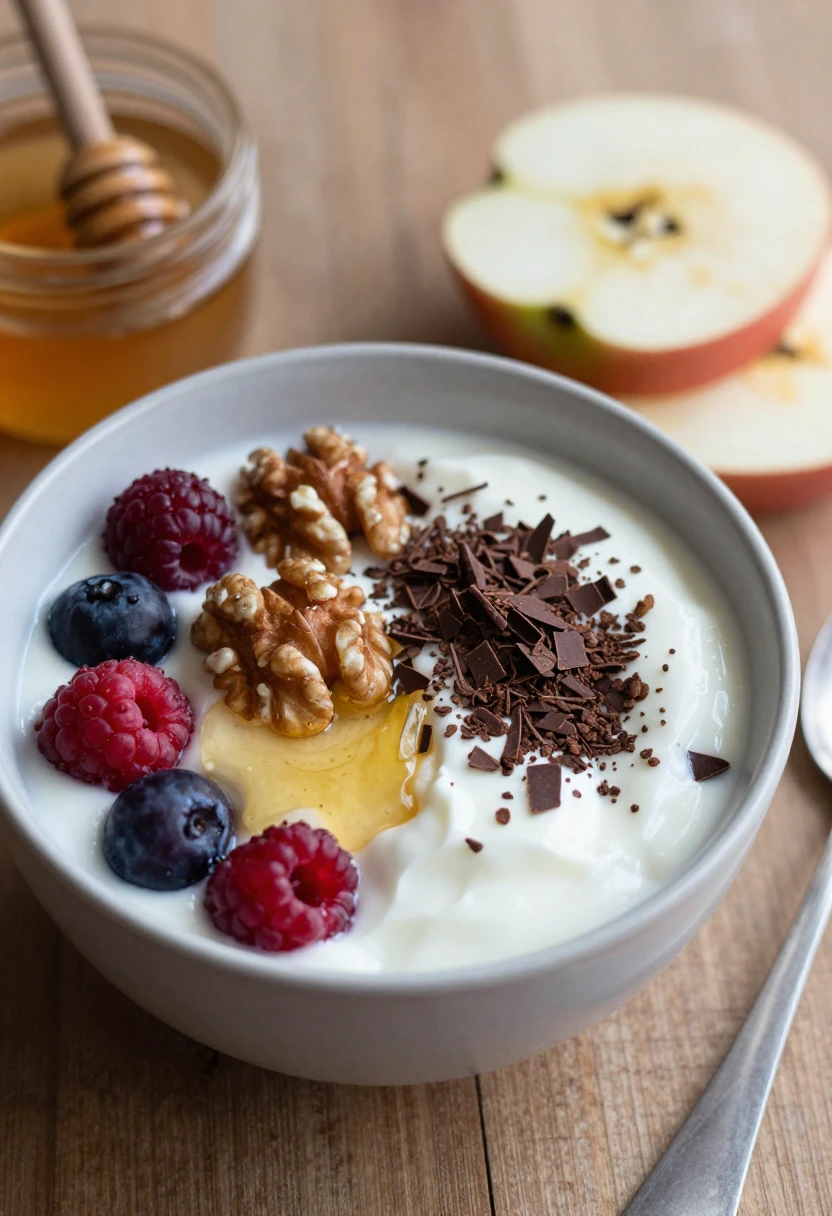 Greek yogurt with honey berries walnuts and dark chocolate as a satisfying healthy treat