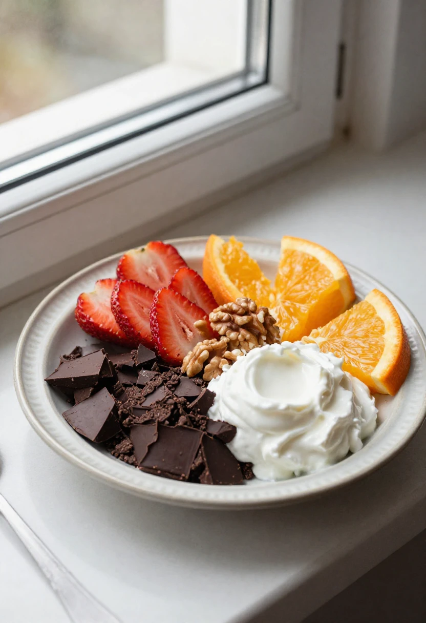 Dark chocolate paired with fruit, walnuts, and Greek yogurt for a healthier treat.