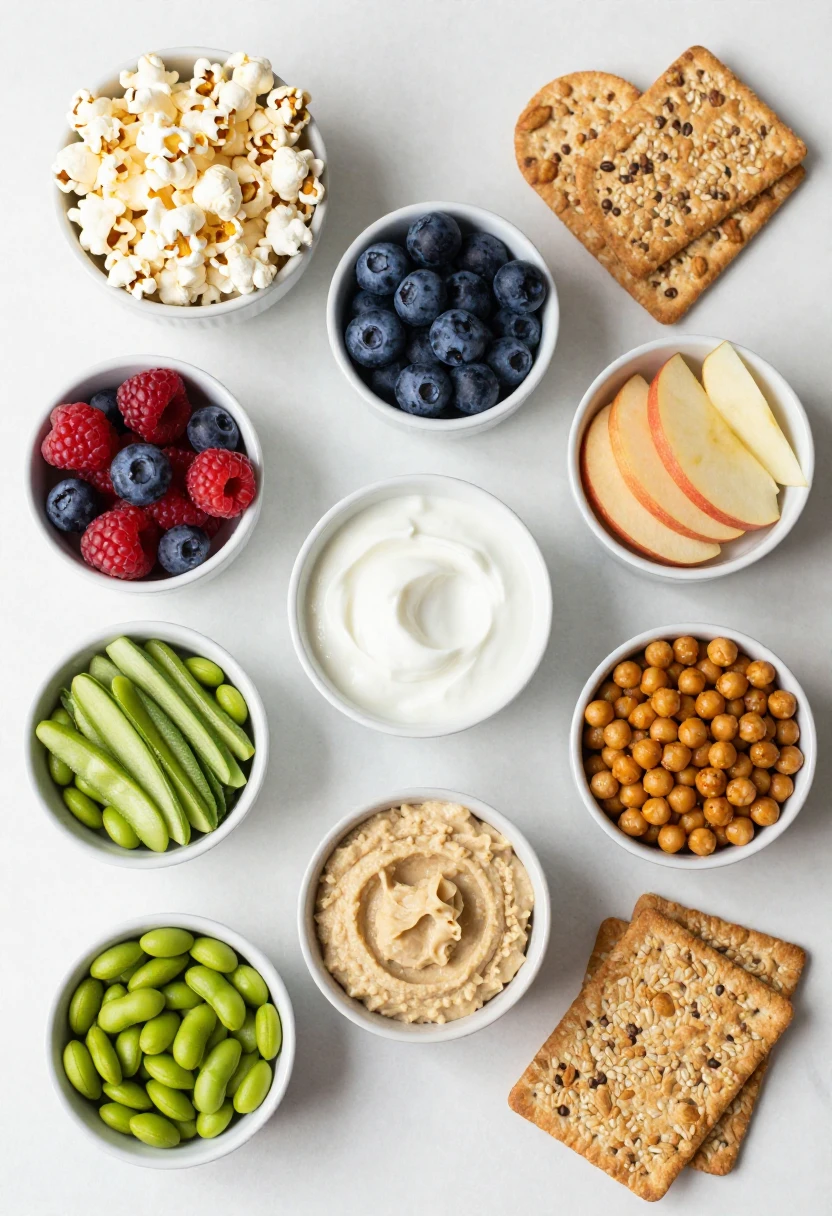 Top-down assortment of healthy snacks in bowls: popcorn, blueberries, raspberries, apple slices, crackers, edamame, chickpeas, and a yogurt dip.